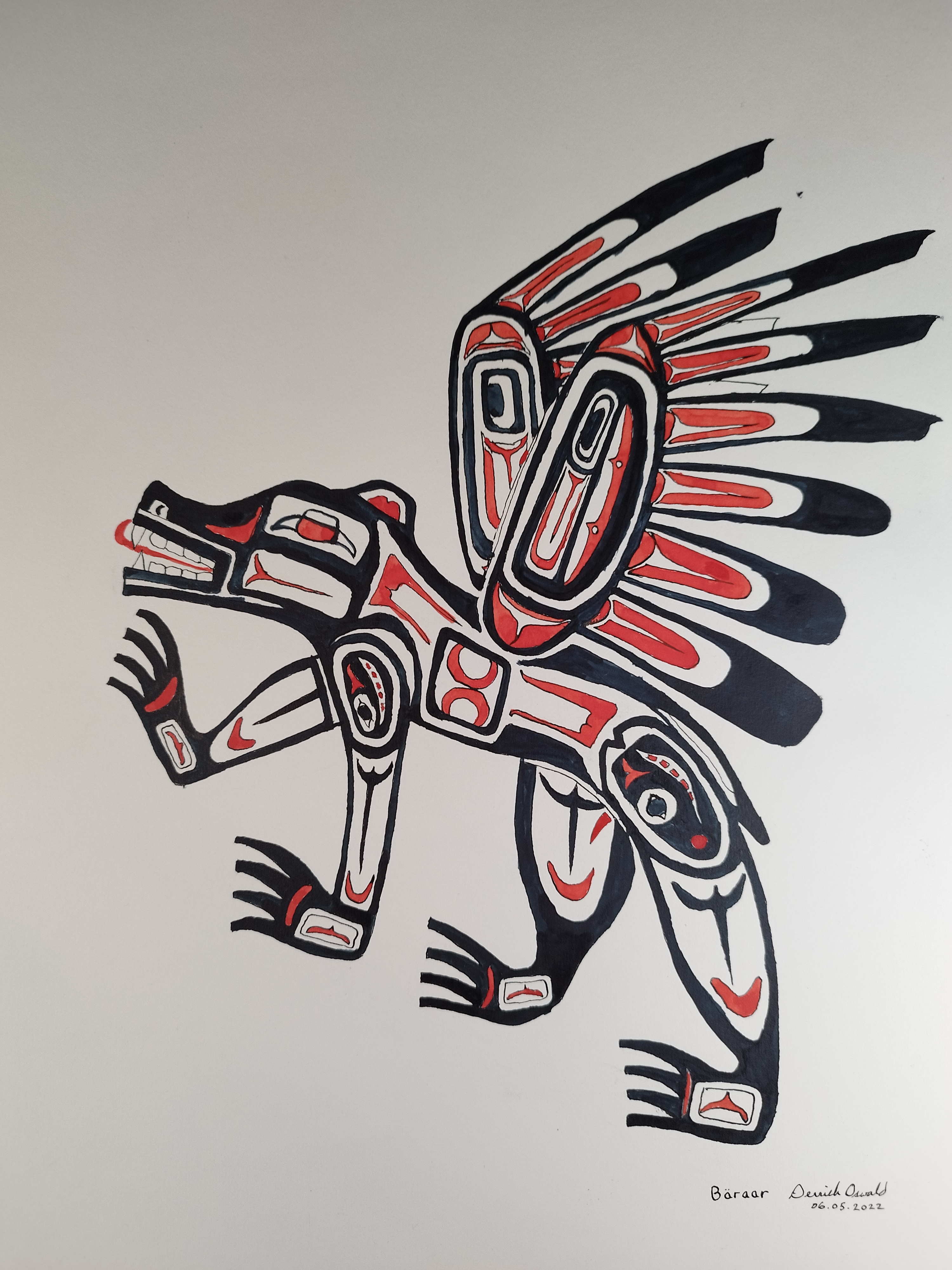 watercolor of a bear-eagle in Haida motif