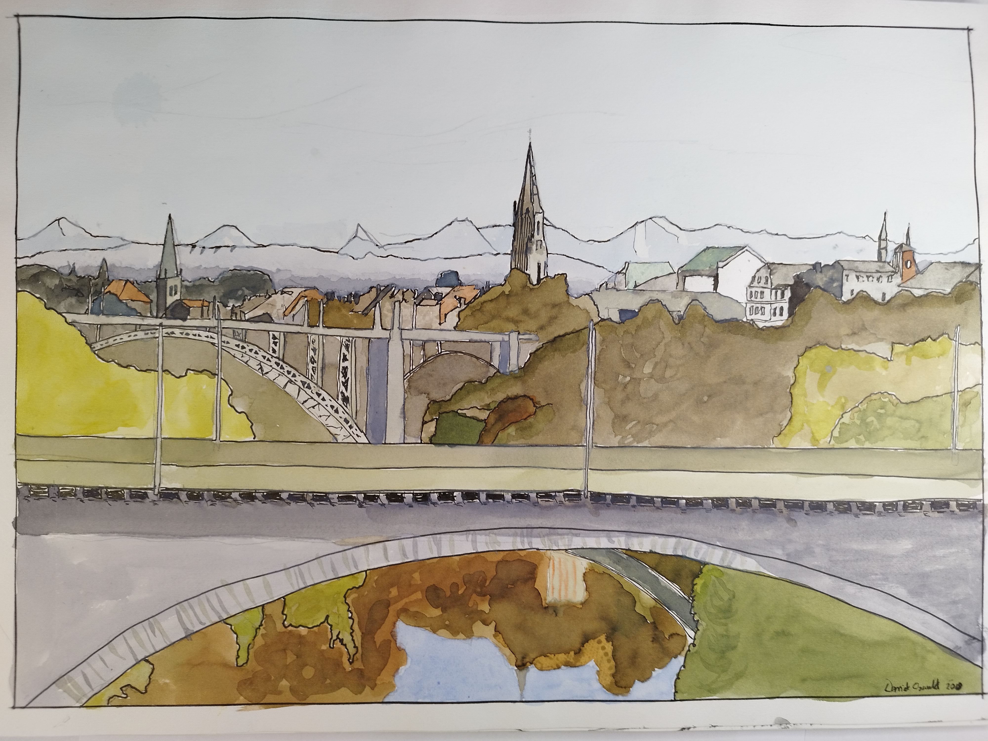 watercolor of Bern, Switzerland from the viewpoint of a train crossing the Lorraineviadukt