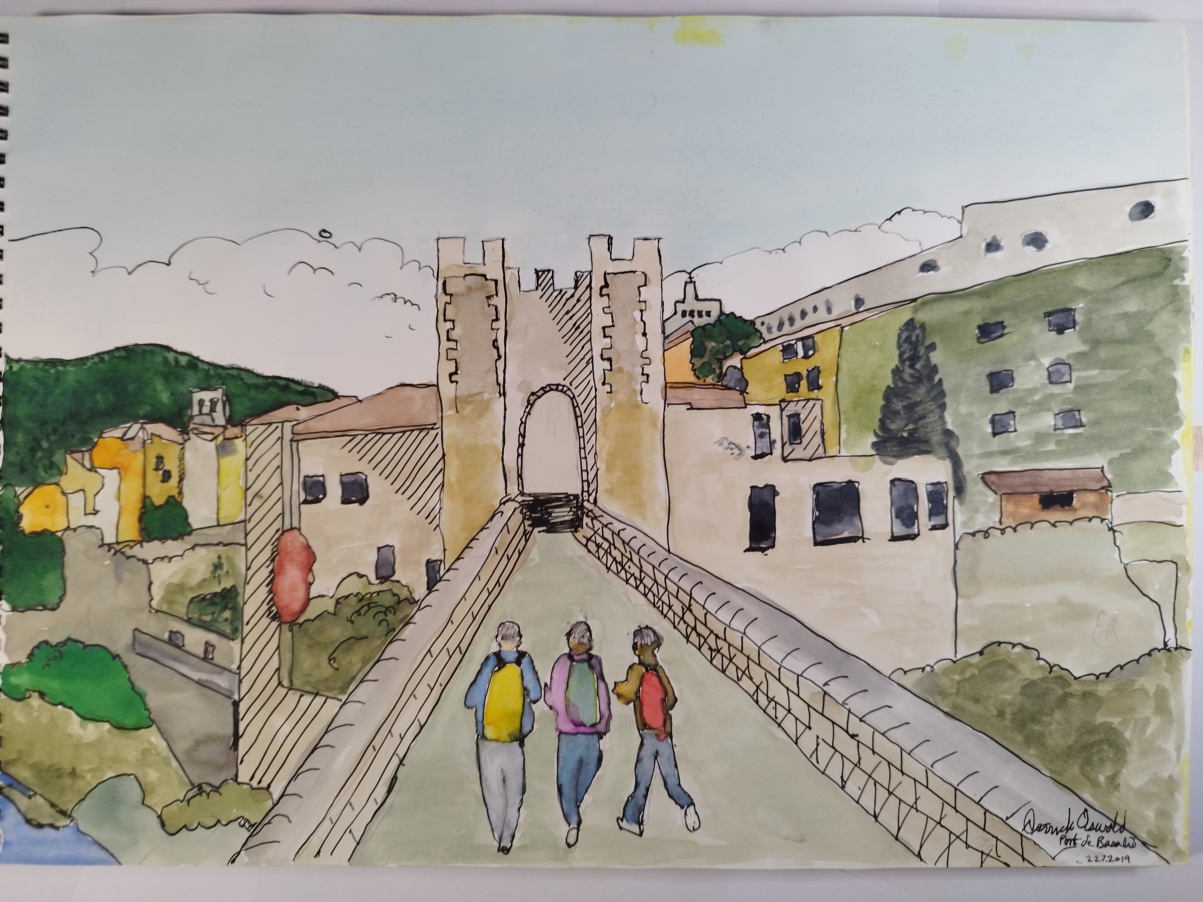 watercolor of three mendicants crossing a stone bridge into a walled town