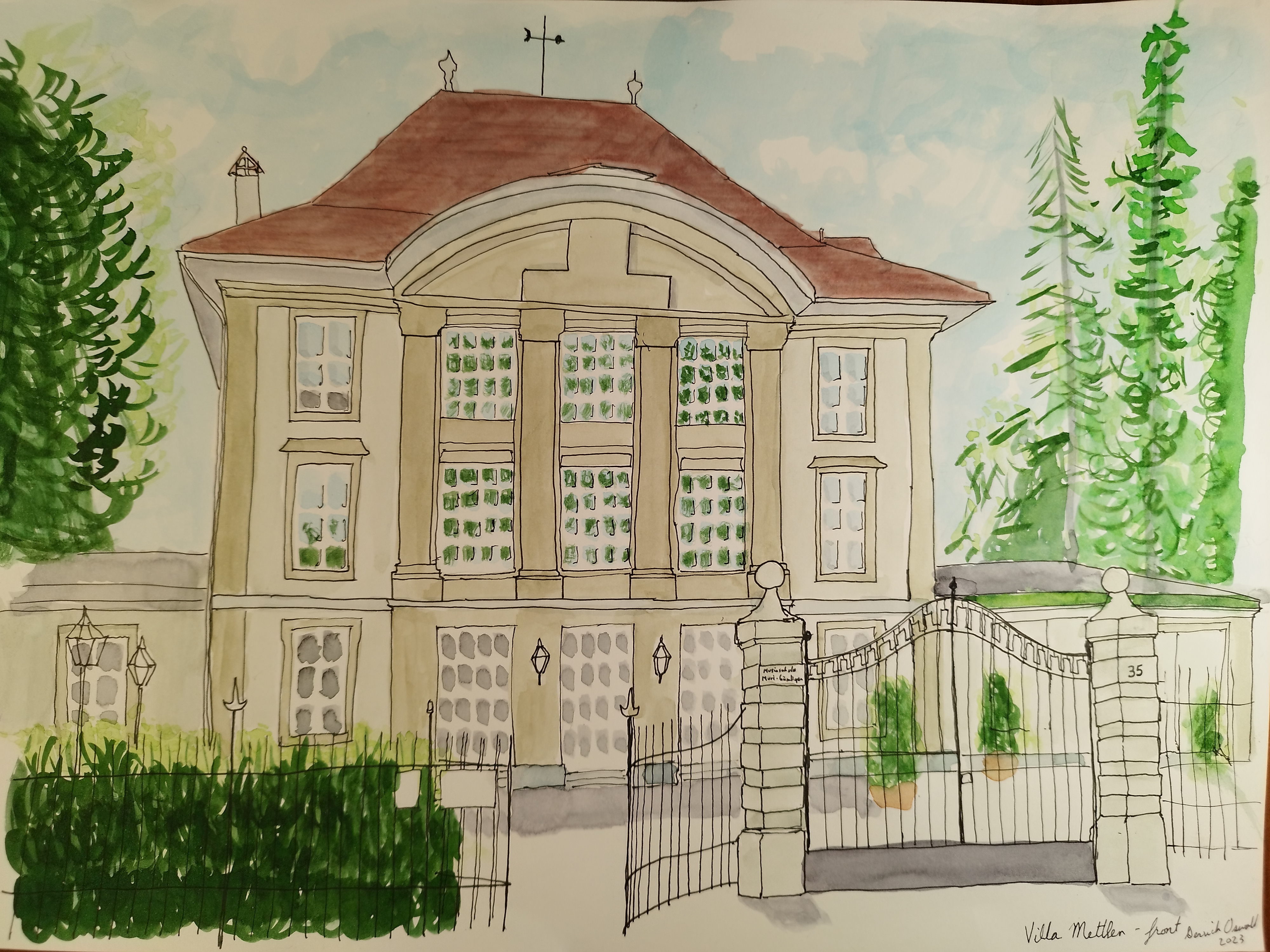 watercolour of the Villa Mettlen from the north