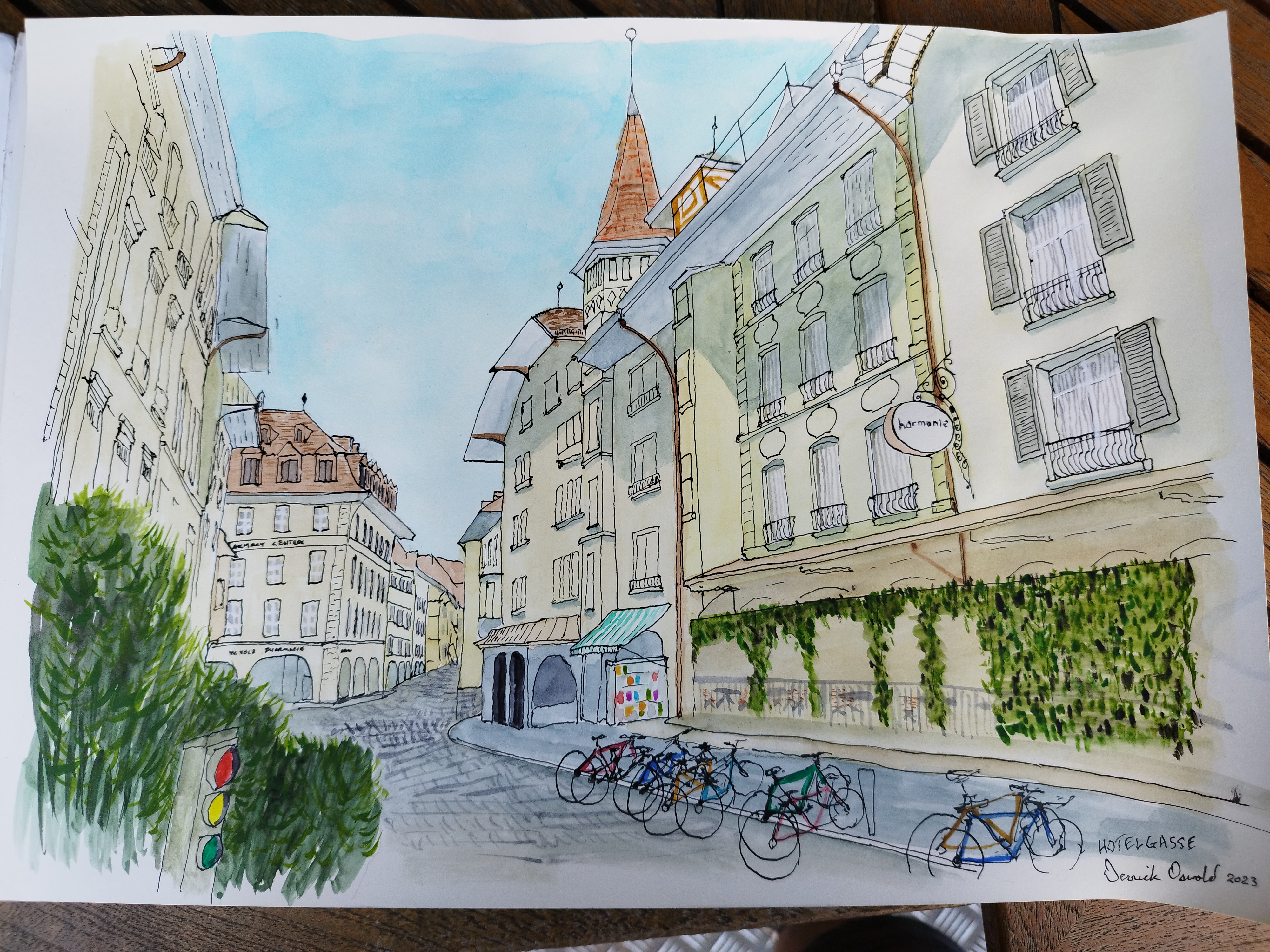 watercolour of Hotelgasse in Bern Switzerland looking north