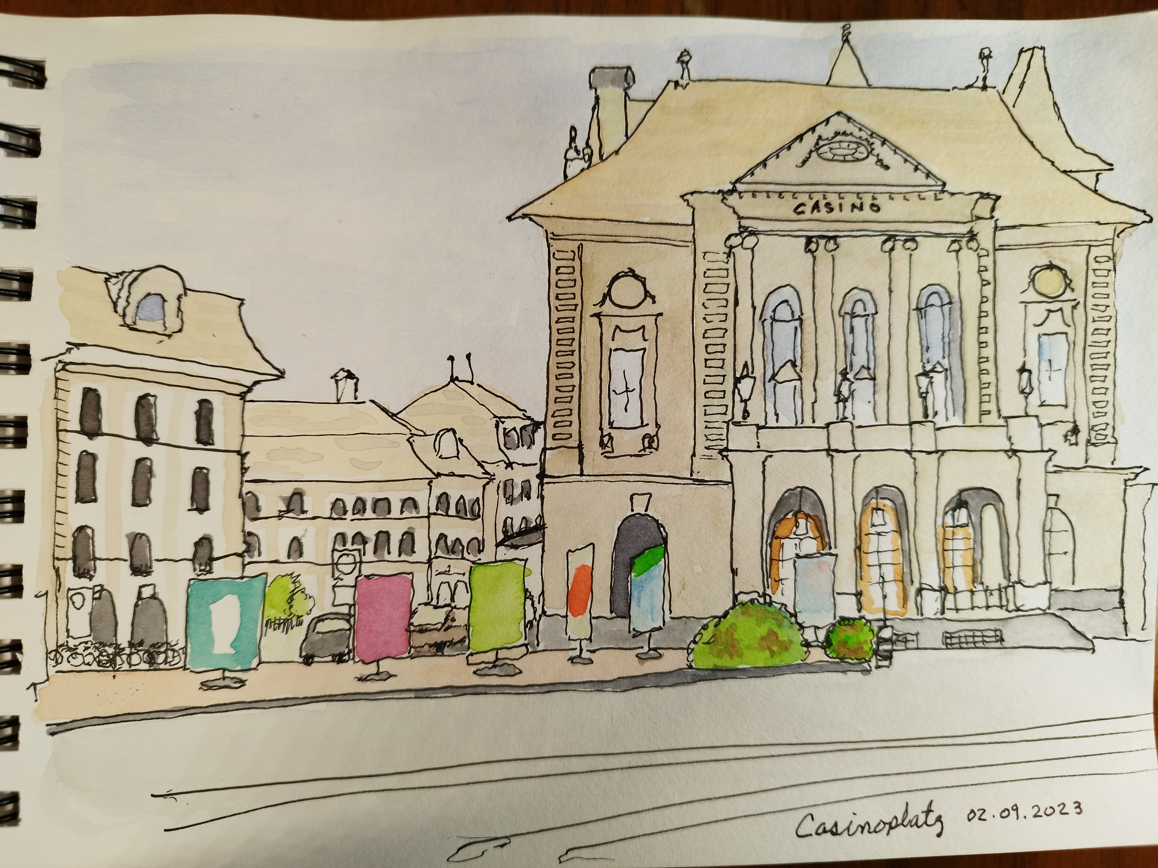 watercolour and fineliner of the Casinoplatz in Bern - showing the Casino and Burgerbibliotek