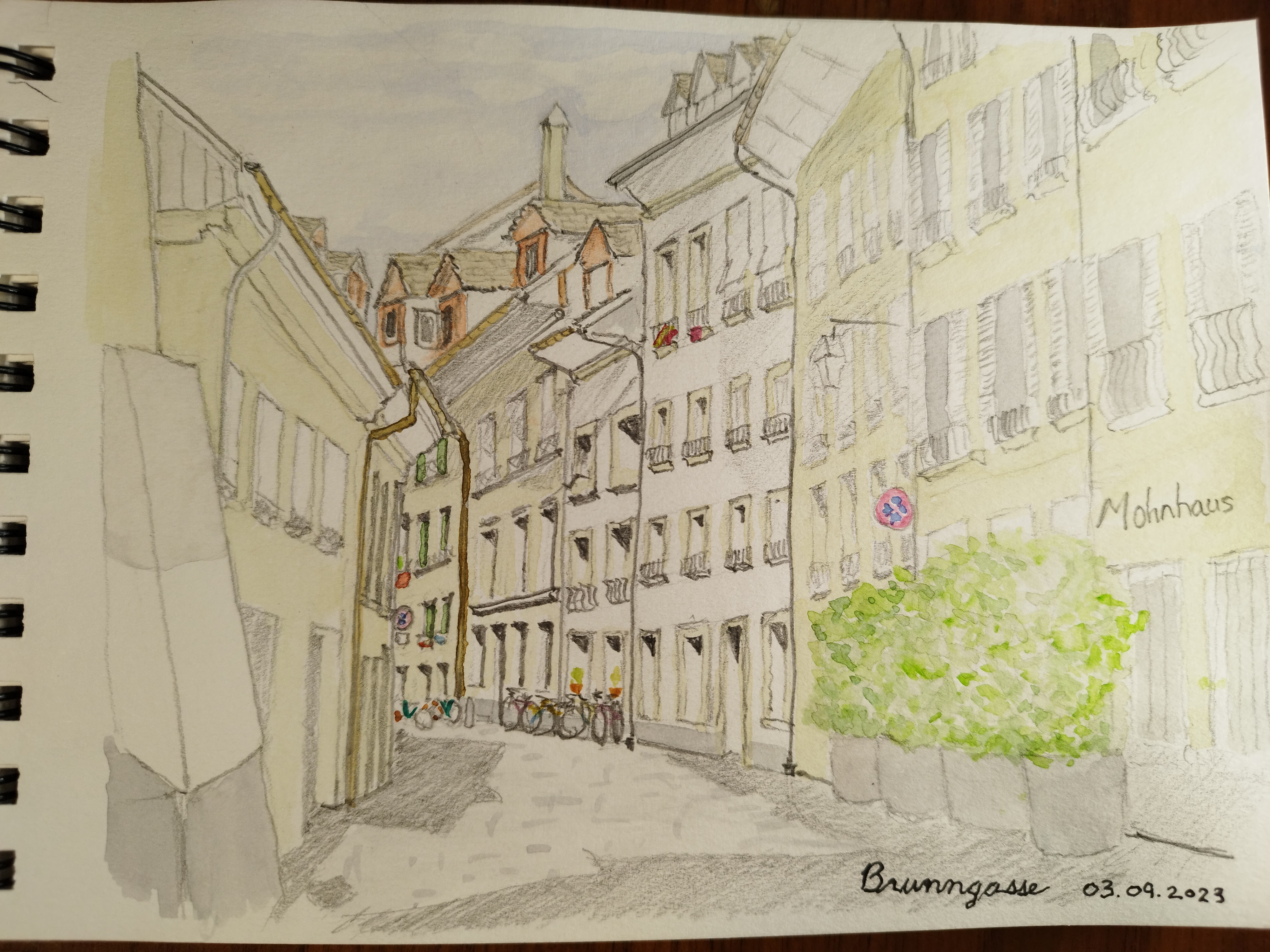 watercolour and pencil sketch of Brunngasse, Bern, looking north in morning sun illumination