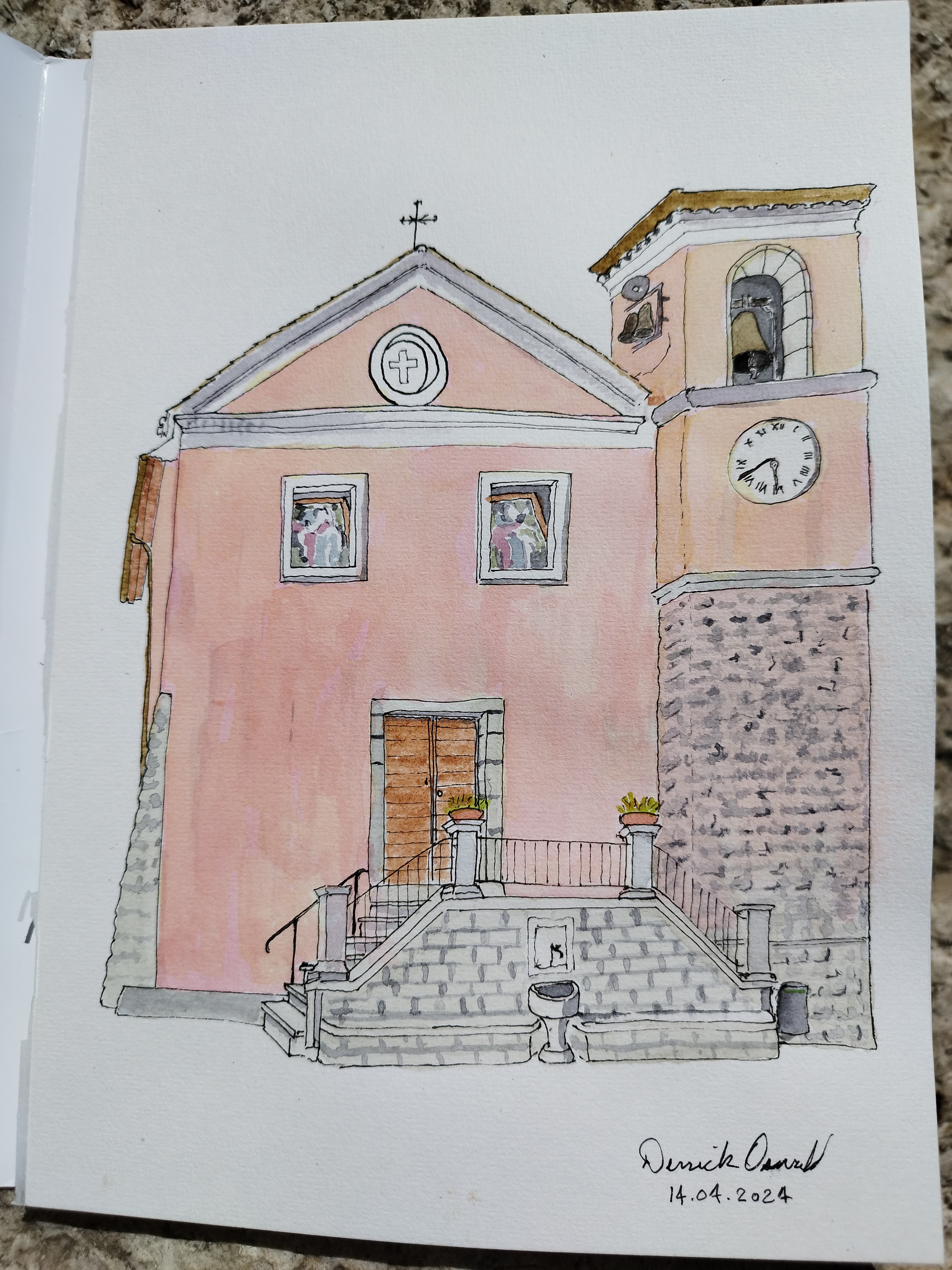 watercolour and ink of a church in Civitella Licinio