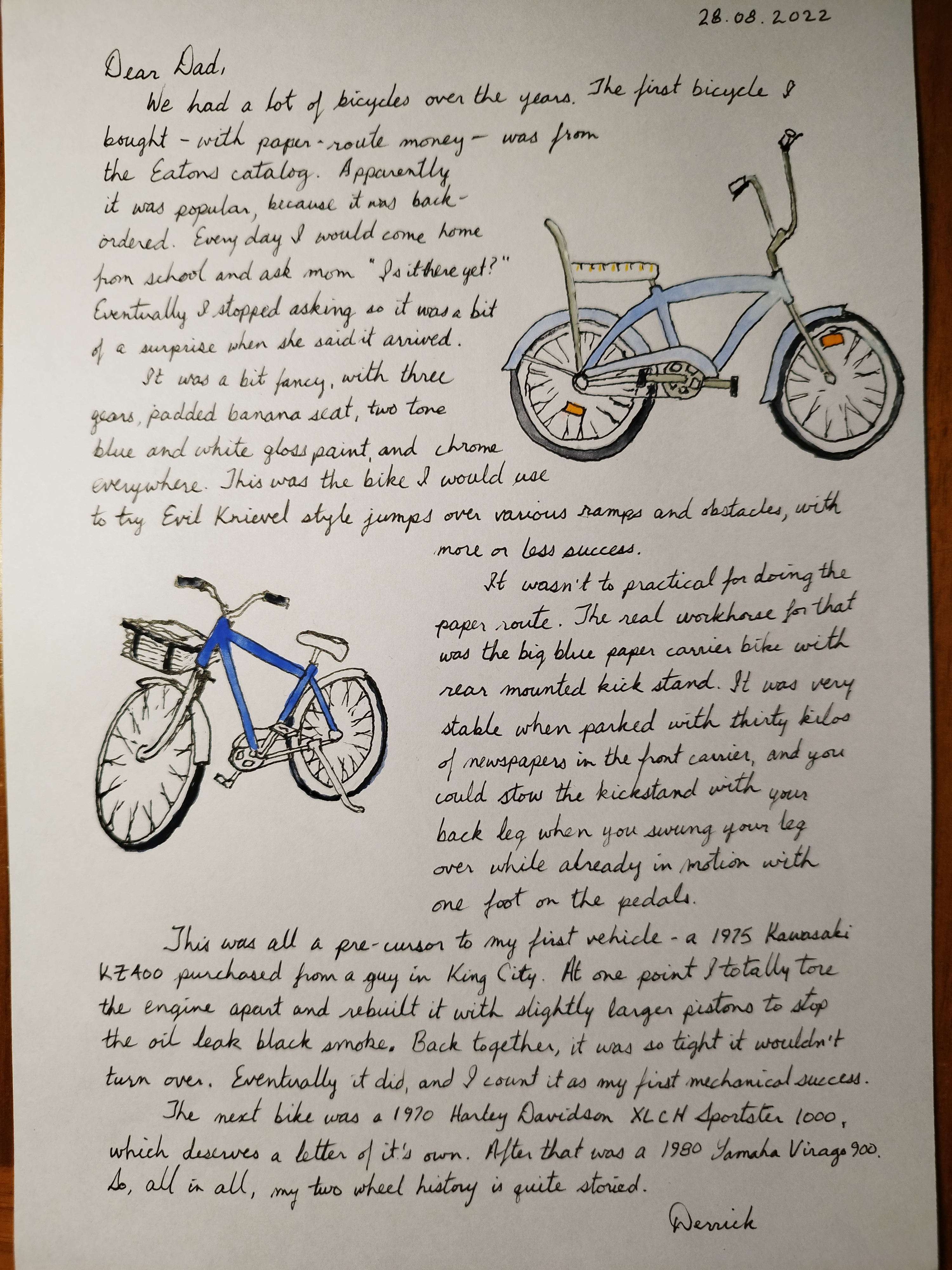 cursive letter about bikes