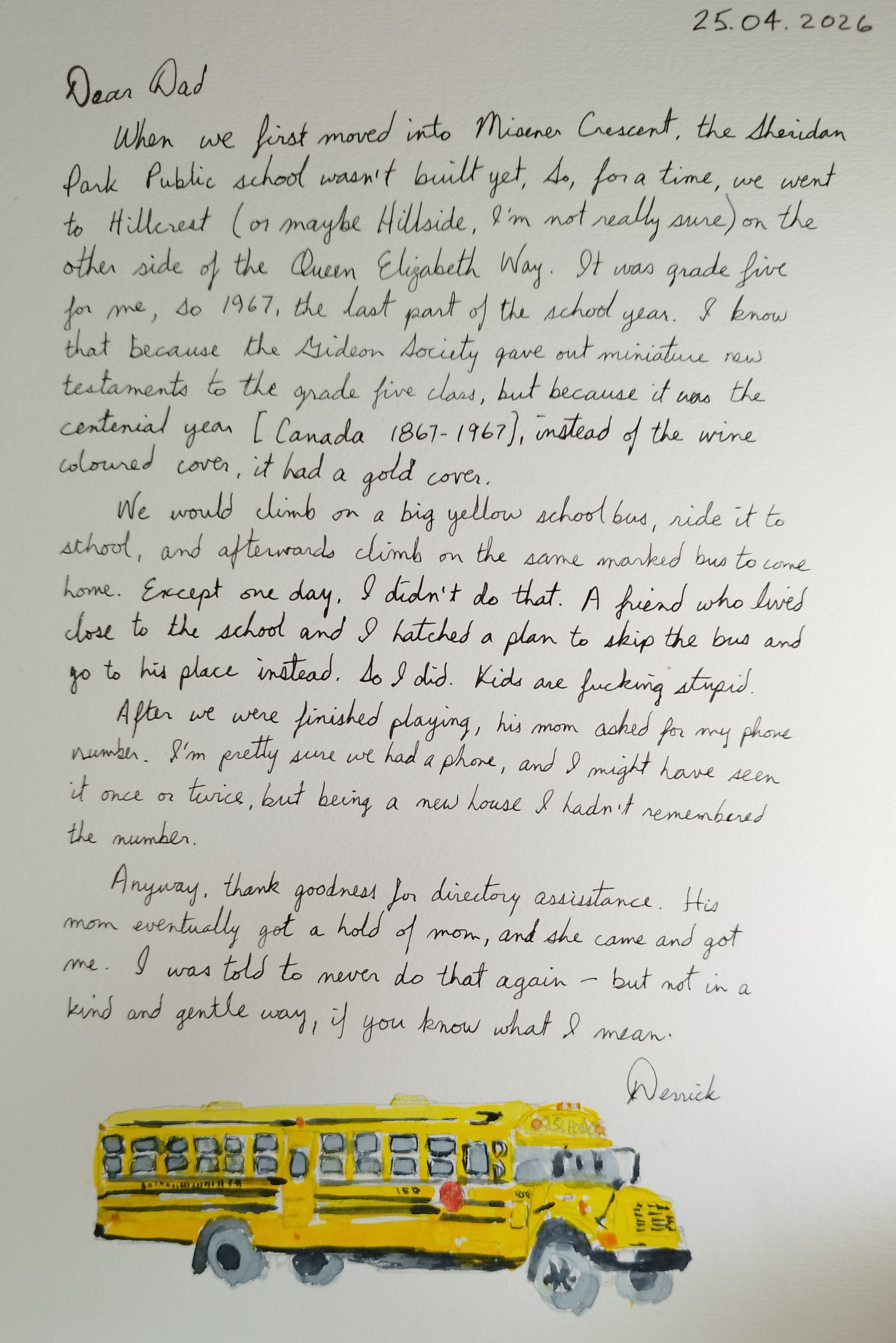 cursive letter about school bus schenanigans