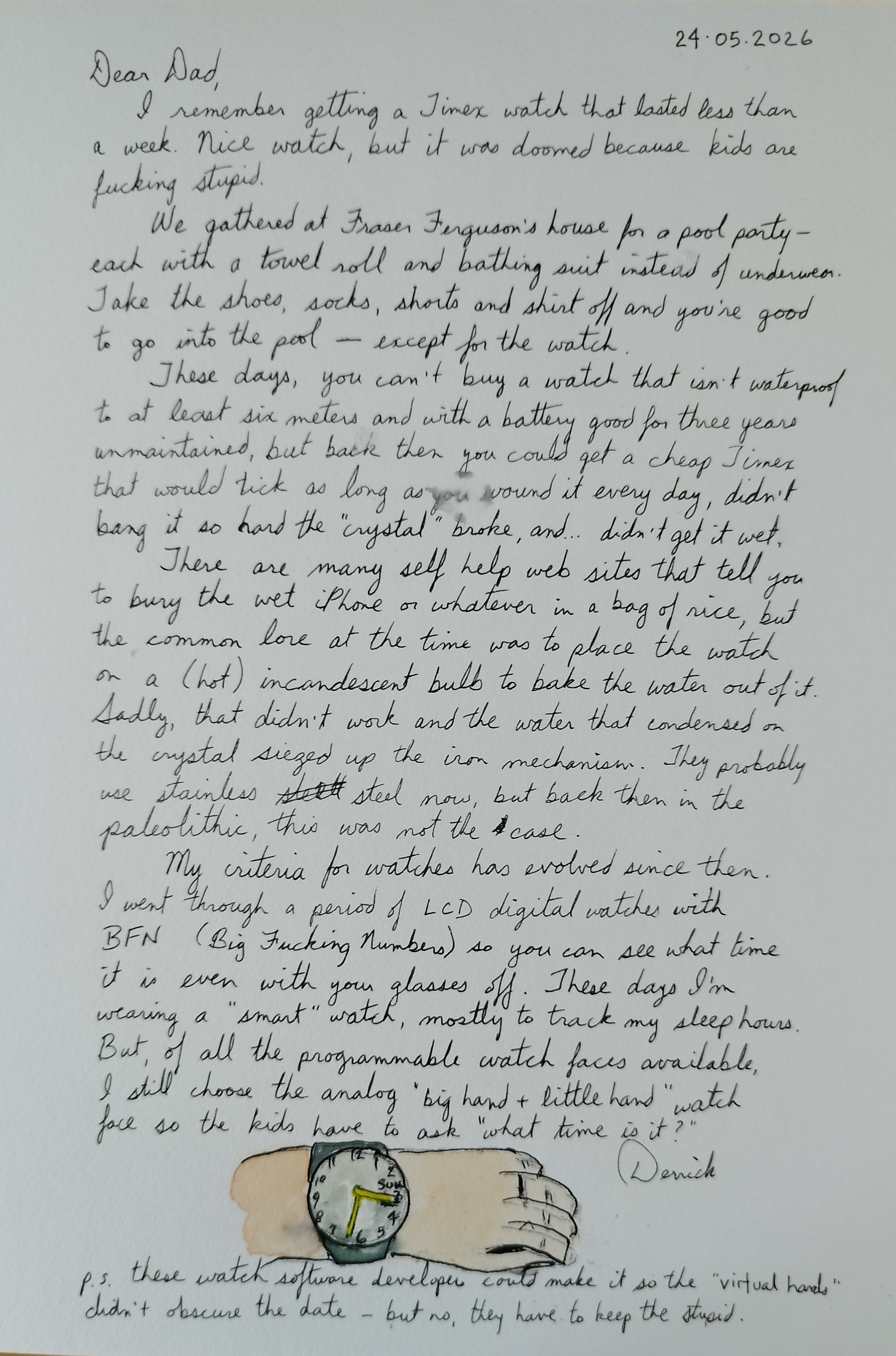 cursive letter about paleolithic watches